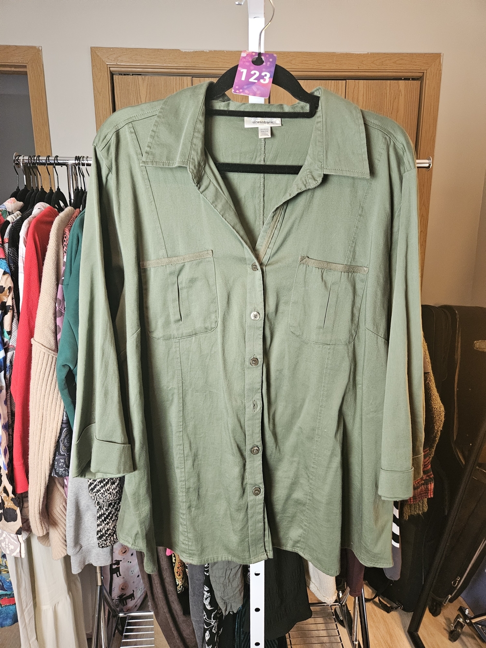 dressbarn Olive Green Button-Down Shirt with Chest Pockets